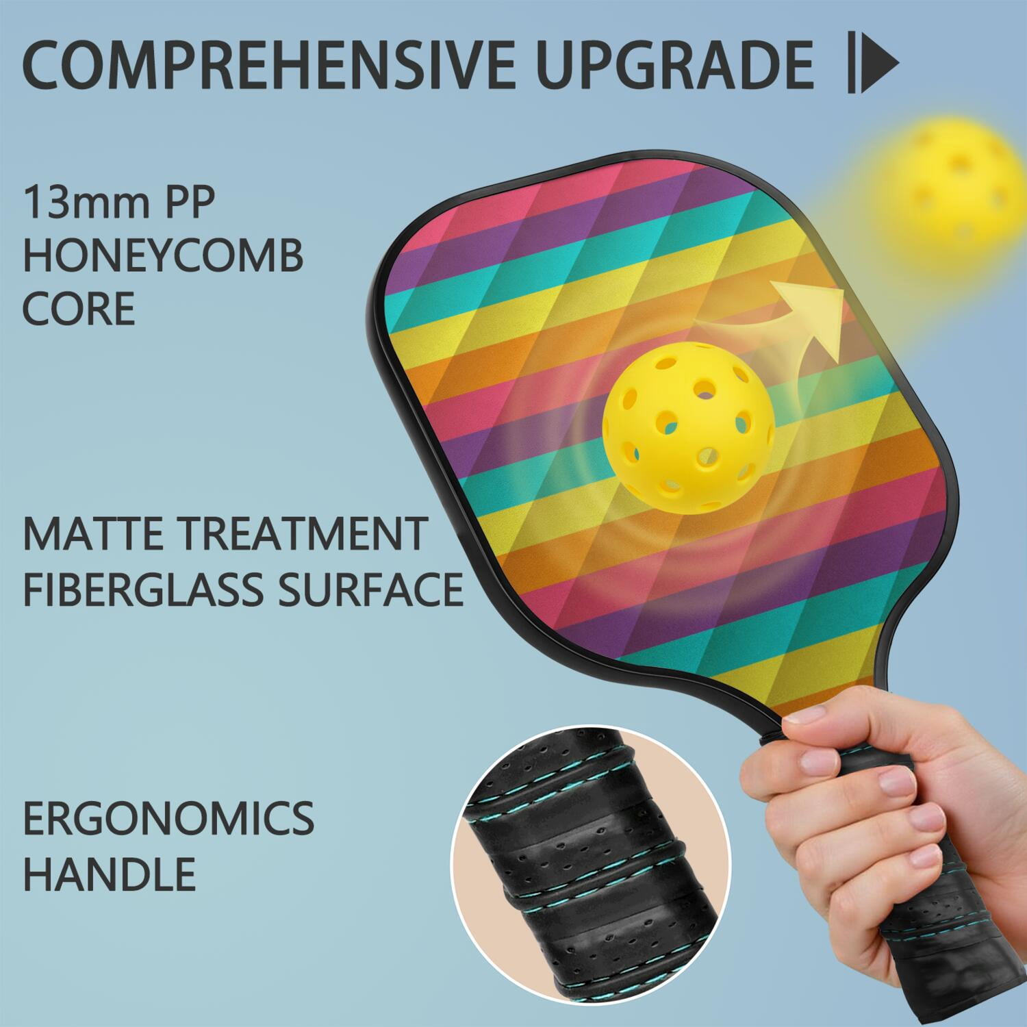 Pickleball Paddles Set Of 2, Fiberglass Surface, Vibrant Rainbow Print, 4 Balls & Bag