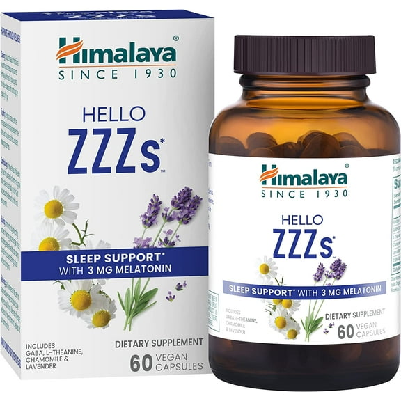 Himalaya Hello ZZZs with GABA, L-Theanine and Melatonin 3mg for Sleep Support and Occasional Sleeplessness, 60 Capsules