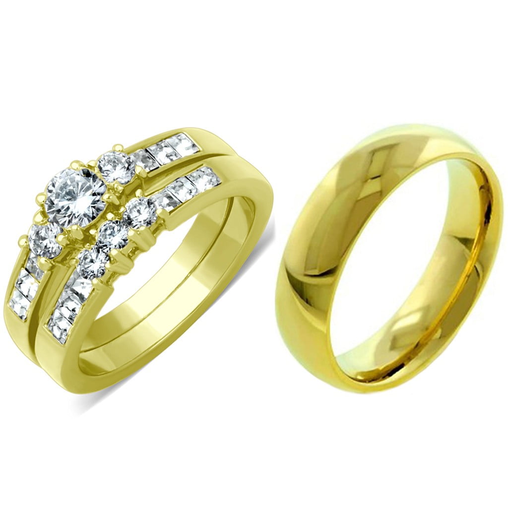 Couples Ring Set 14K Gold Plated 5mm Princess CZ Wedding Ring Mens Gold Plated F 