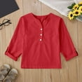 thumbnail image 2 of Big Kid Linen Shirts For Girl 3/ 4 Sleeve V Neck Blouses Buttons Loose Fit T Shirts Solid Color Summer Holiday Tops Junior Girls Crop Tops Girls Cut Out Top Neon Crop Top Teal Lace 13-14 Years Red, 2 of 7