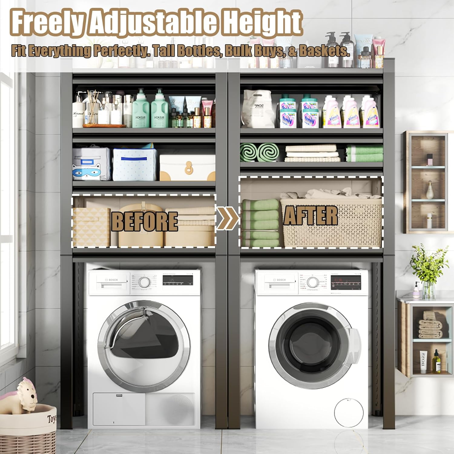 Over The Washer and Dryer Storage Shelf with Baskets, Multi Functional Storage Rack Storage Shelf Organizer Black for Laundry Room,Suit Washing Machine Width Within 32.6", Hold 500 lb, Black