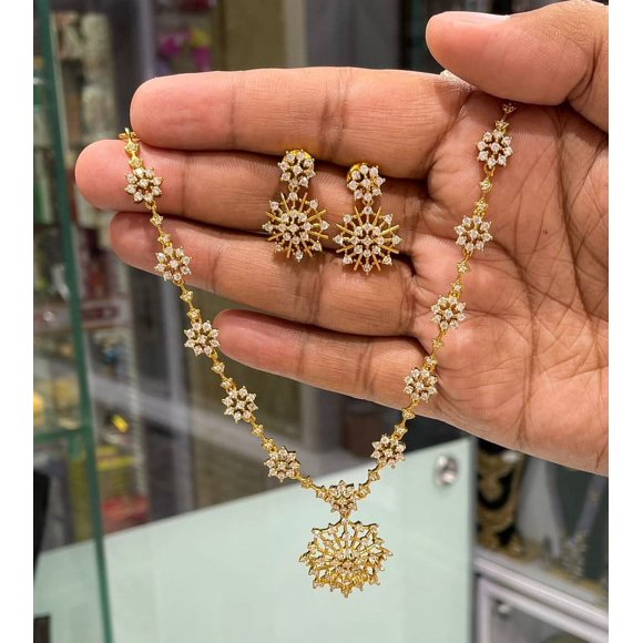 22K Gold-Plated Floral Cubic Zirconia Choker Necklace & Earrings Set - American Diamond Studded Jewelry, Indian Bridal Jewelry Set for Women