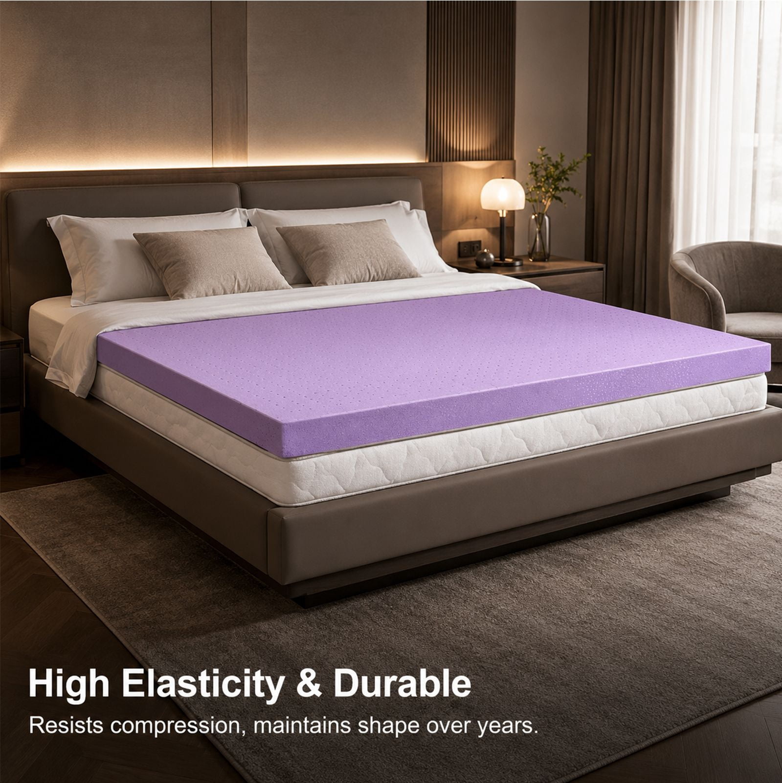 Alvantor 2 Inch Gel Memory Foam Mattress Topper, Ventilated Soft Pressure Relieve Mattress Pad, Breathable Bed Topper, Home Essential, Suitable for All Ages, Purple