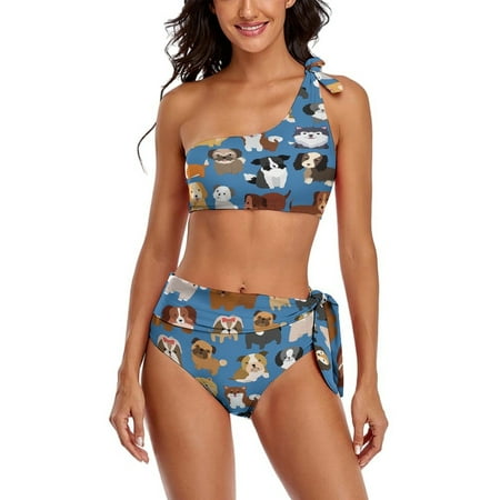 Animal Dog Cute Paw Print One Shoulder Bowknot Swimsuit Two Piece Swimsuit Knot Crop Top Bikini High Waisted Bathing Suit