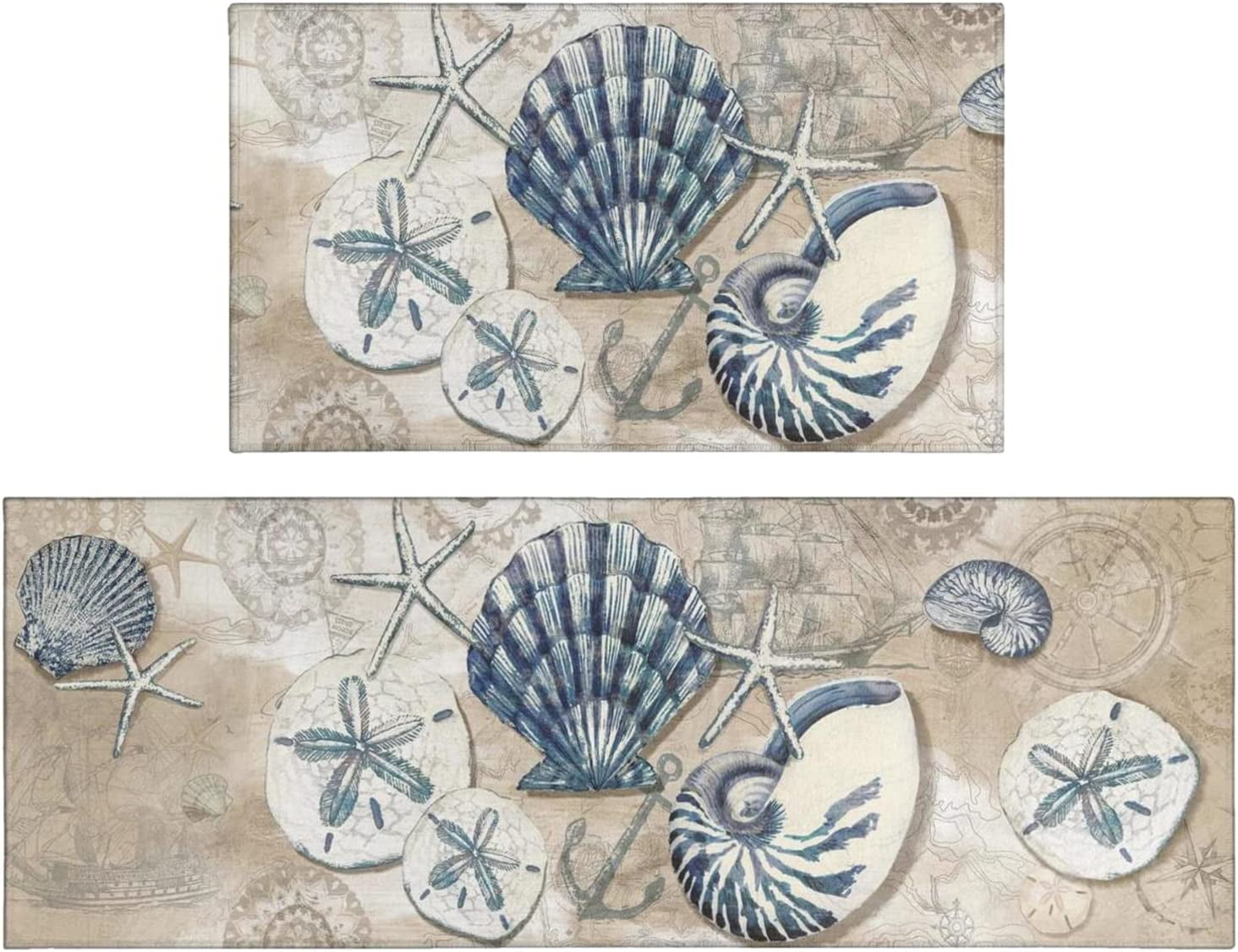 Summer Nautical Kitchen Rugs Set 2 Piece,Ocean Theme Seashell