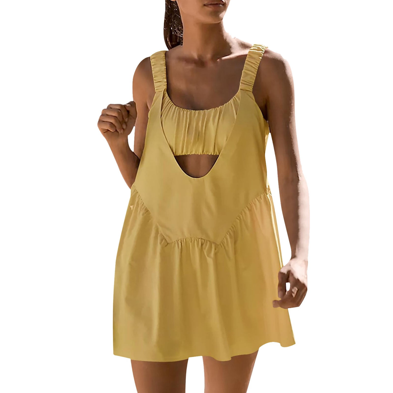 Skirt Suit Womens Tennis Dress Built In Bra And Shorts Pockets Cut Out Workout Outfits Athletic Dresses Two,Yellow Women'S Blended Dress L