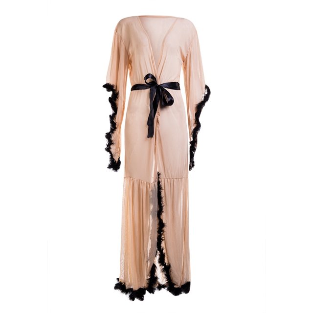 Mode Femmes Lingerie en Dentelle Robe Kimono Transparente à Manches Longues Robe de Nuit Robe en Maille Fourrure Babydoll Vêtements de Nuit Peignoirs