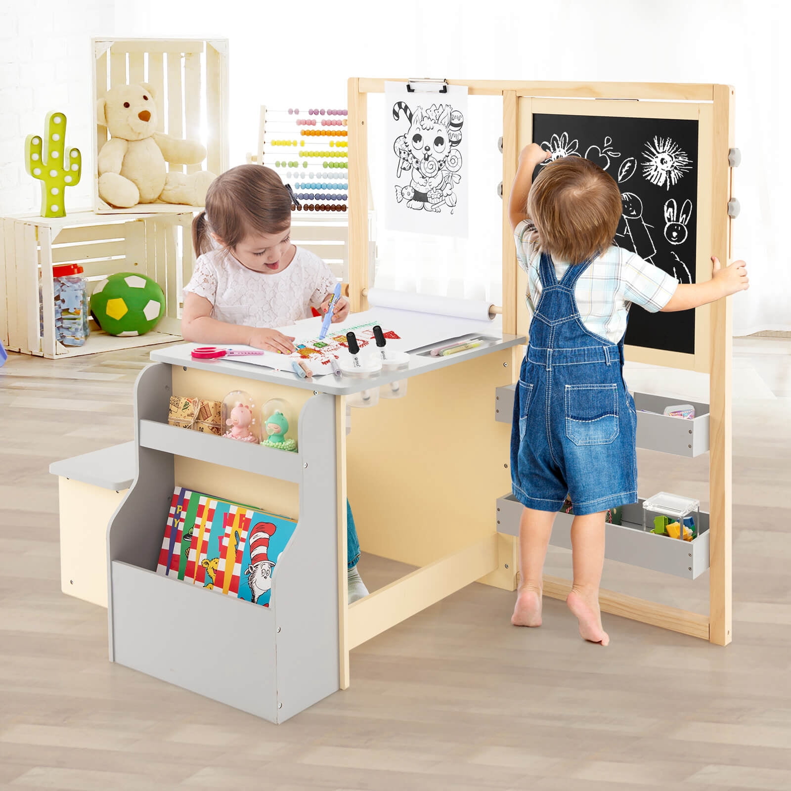 Infans Kids Art Center Wooden Table Bench Set Adjustable Double-Sided Easel Storage