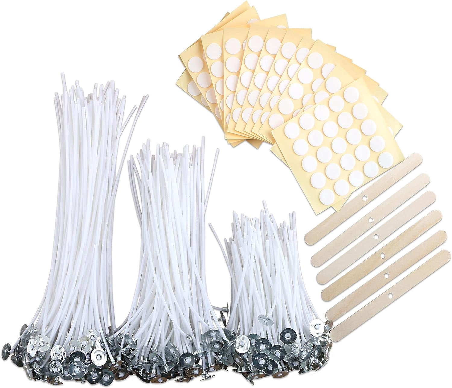 300pcs Cotton Candle Wicks (3.5"/6"/8"), 300pcs Stickers, 6pcs Wooden Wick Holders - Candle Making Kit