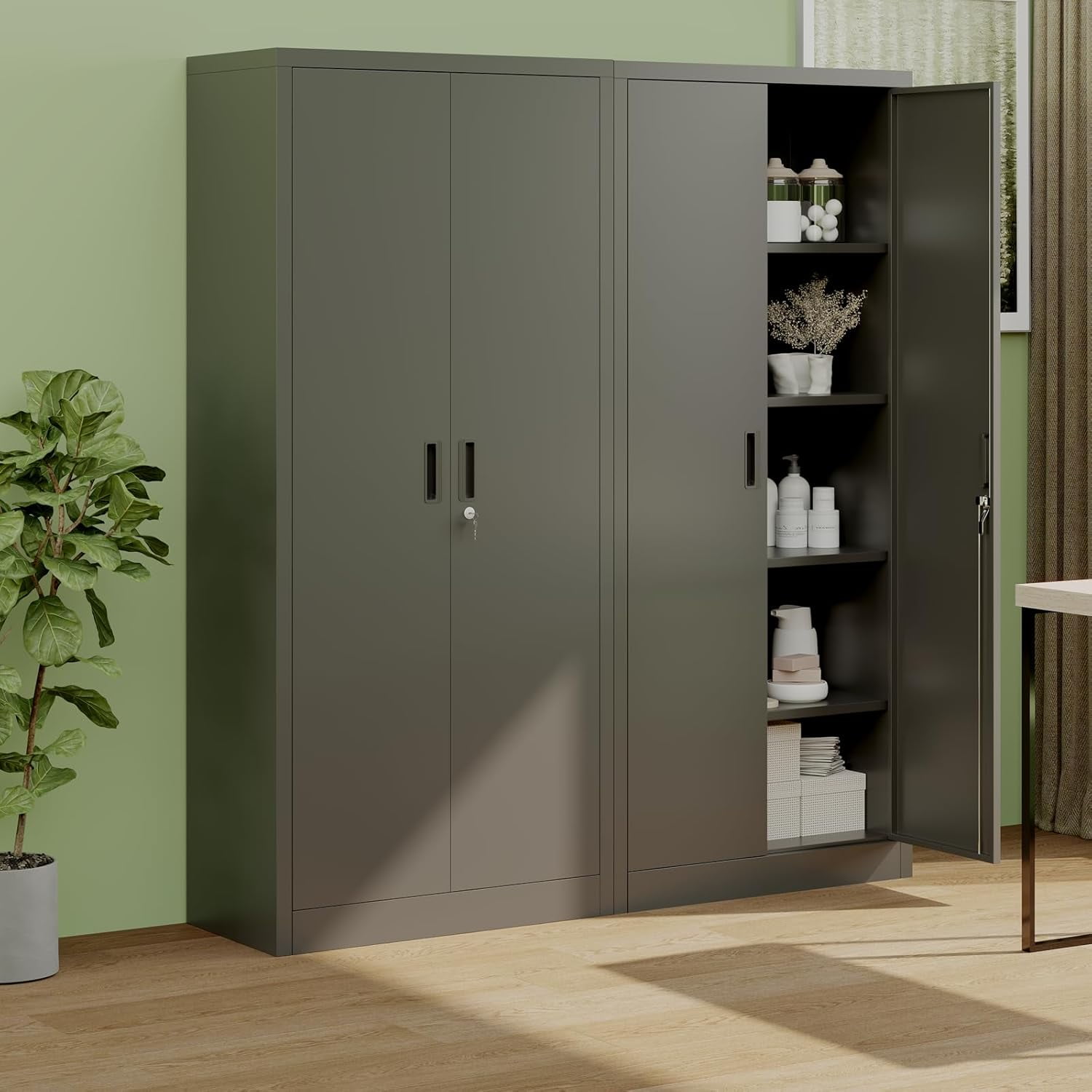 Steel Bookcase Bookcase with Key Office Cabinet 5 Layers Double Open Steel Storage Cabinet File Cabinet Lockable Bookshelf with Door File Vault Movable Shelf Storage Office/Home/Warehouse/School