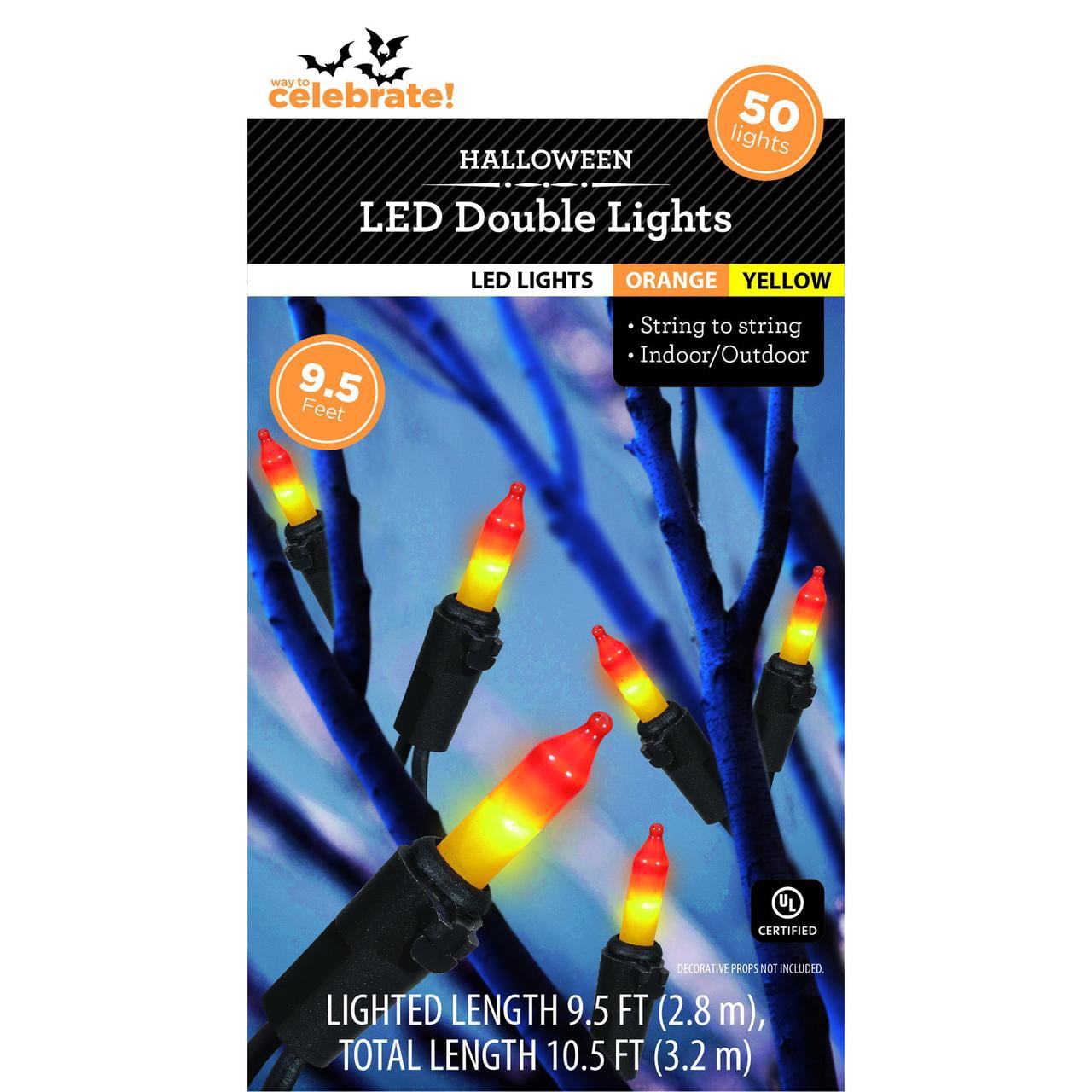 Orange/Yellow Double Lights, 50CT, LED Minis, 9.5ft, Halloween Indoor/Outdoor, by Way To Celebrate