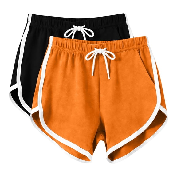 2pc Womens Athletic Mini Shorts Drawstring Vintage Color Block Running Workout Loungewear Yoga Shorts with Pockets Orange XL