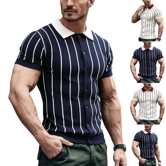 Men's Old Money Style Striped Knit Polo Sweater, Breathable Button Down Short Sleeve Knitwear, Casual Elegant Top for Casual and Summer Wear, Sizes S-2XL White