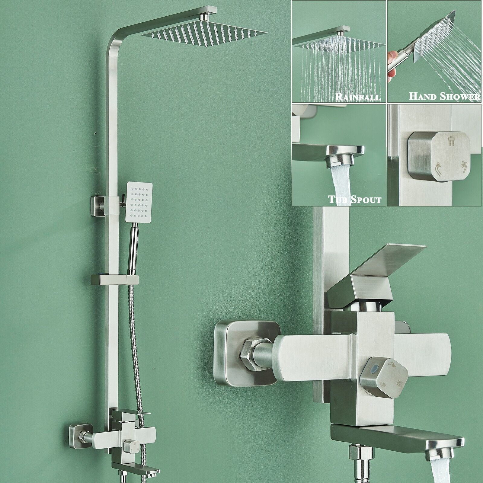 Brushed Nickel Bathroom Shower Faucet Set 8" Rainfall Shower Fixture ...