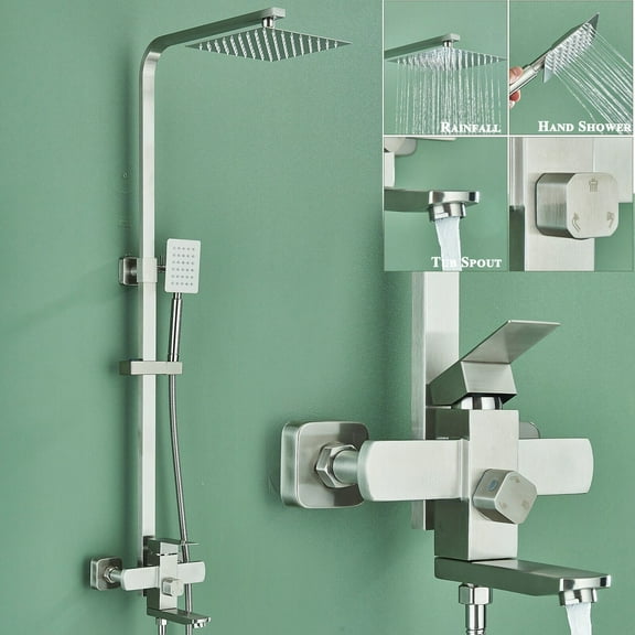 Brushed  Nickel Bathroom Shower Faucet Set 8" Rainfall Shower Fixture With Tub Filler