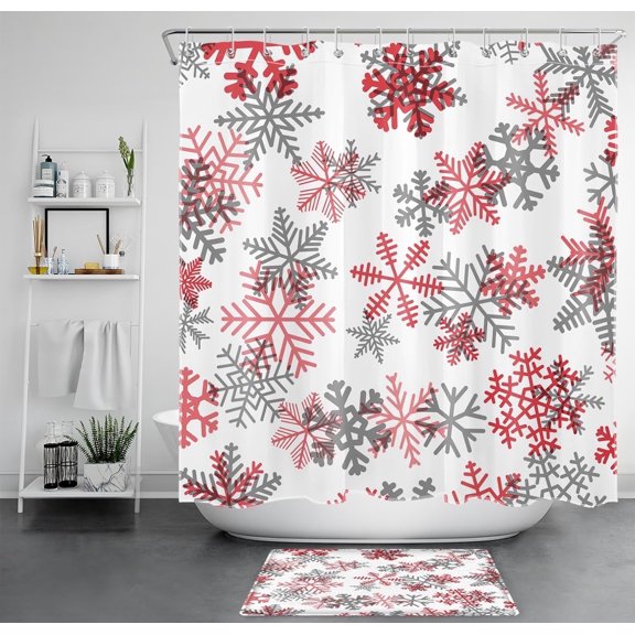Winter Christmas Shower Curtain Red and Grey Snowflake on White Shower Curtain Holiday Fabric Shower Curtain Set for Bathroom with Bath Mat and Hooks,70x70 inches