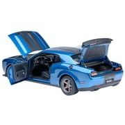 2023 Dodge Challenger SRT Super Stock Frostbite Blue Metallic with Carbon Stripes 1/18 Model Car by Autoart