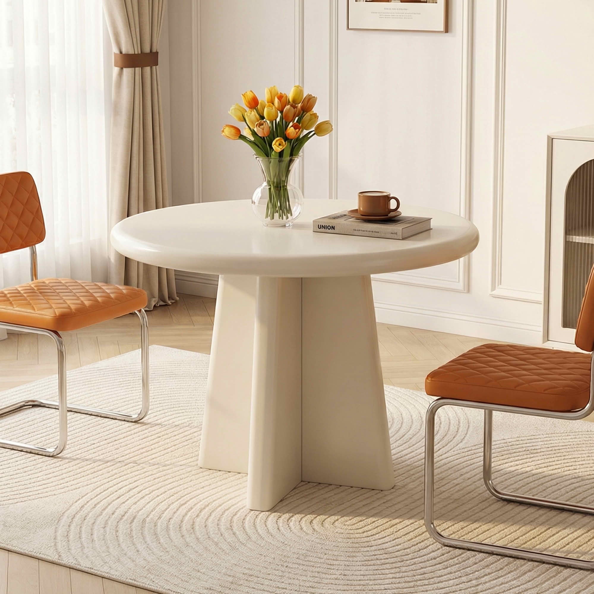 MAYEERTY 31.5 Inch Round Dining Table, White Minimalist Kitchen Dinner Table with Intersecting Cross Base for 2 to 4 People