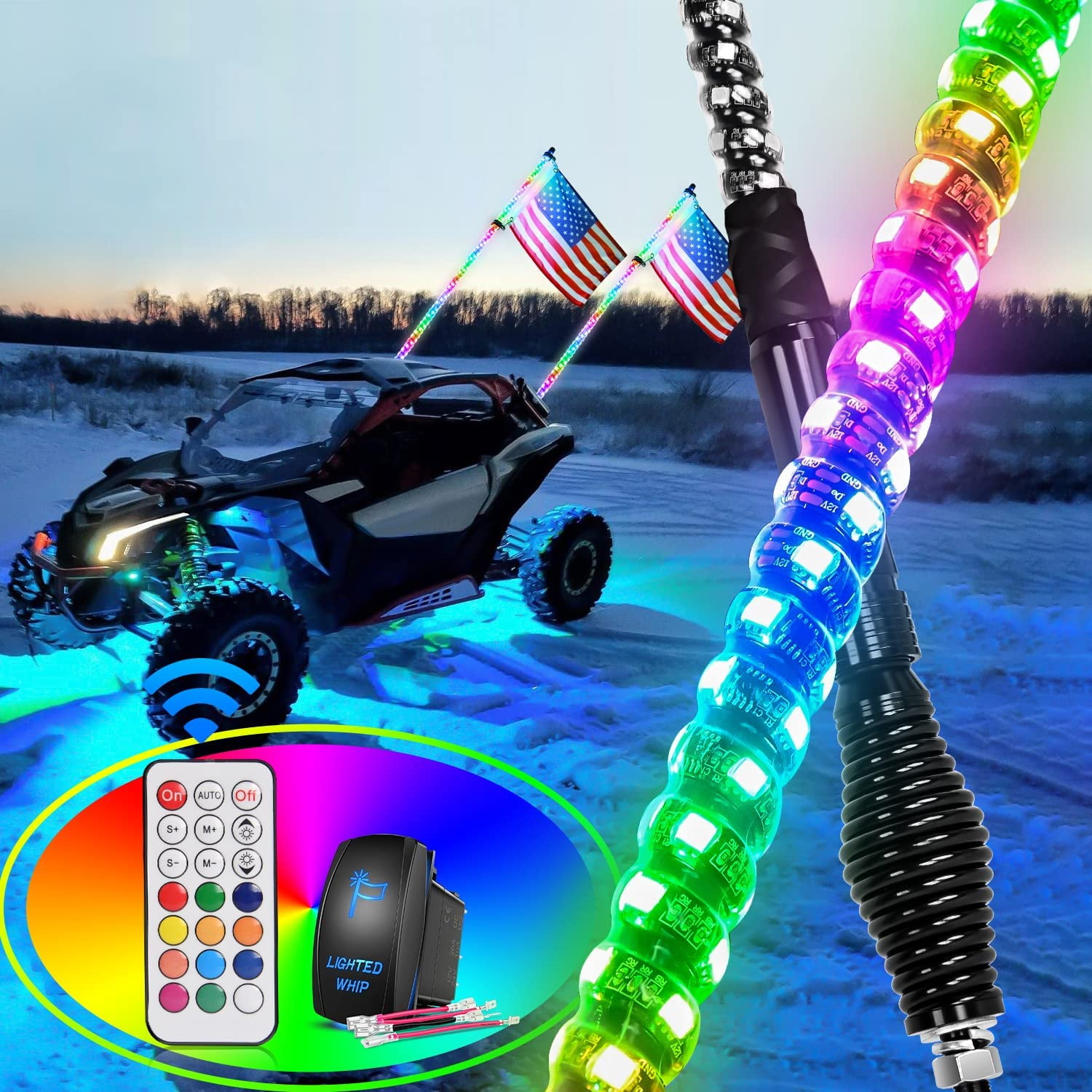 2 Years Warranty Nilight 1PC 3FT Spiral RGB Led Whip Light with Spring Base Chasing Light RF Remote Control Lighted Antenna Whips for Can-Am ATV UTV RZR Polaris Dune Buggy Offroad Truck 