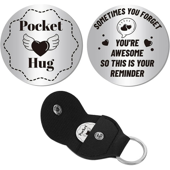 Inspirational Gift Pocket Hug Token Encouragement Keychain Long Distance Relationship Keepsake Stainless Steel Double Sided with PU Leather Keychain for Friends Family Son 1.2 x 1.2 Inch