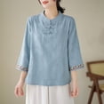 thumbnail image 5 of Womens Mandarin Collar Cotton Linen Blouse Retro Embroidery Chinese Buttons Tunic Tops Breathable Casual Summer Shirts, 5 of 5