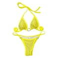 thumbnail image 2 of Wuxian Women Two Piece Swimsuits Sequin Halter Backless Lace Up Solid Color Deep Triangle V-Neck Bandeau Bandage Thong Bikini Set Push Up Brazilian Swimwear Beachwear Bathing Suit,Yellow,L, 2 of 6