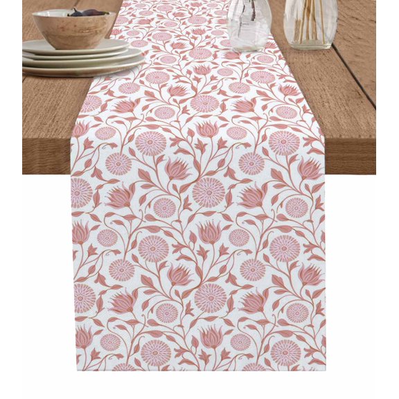 Pink Flowers Table Runner 90 Inches, Rustic Vintage Botanical Plants Floral Bed Runner Dresser Scarves Tabletop for Indoor Outdoor Parties/Ceremony/Banquet, 13" x 90"