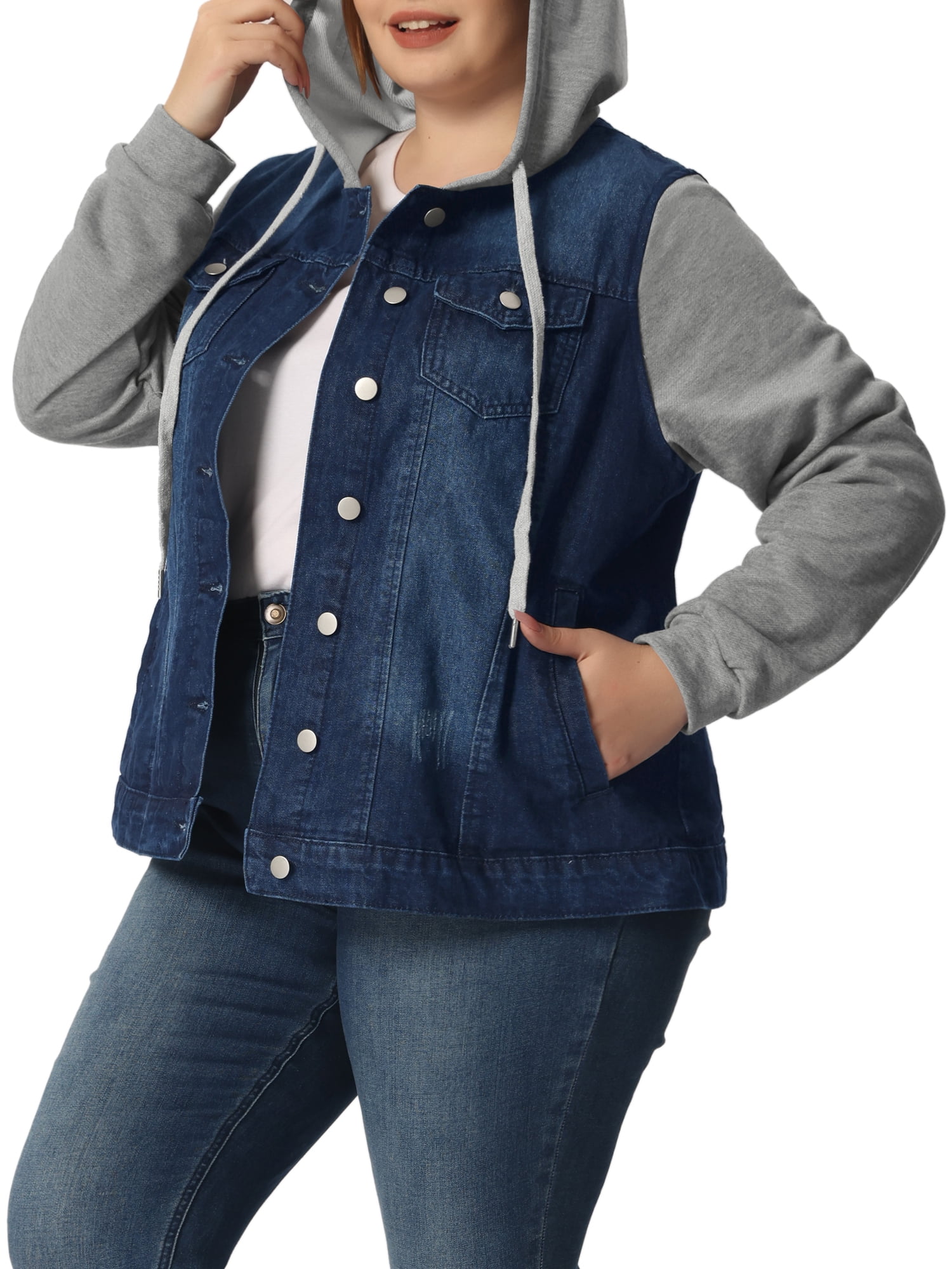 Unique Bargains Women's Plus Size Jean Drawstring Hood Denim Jacket
