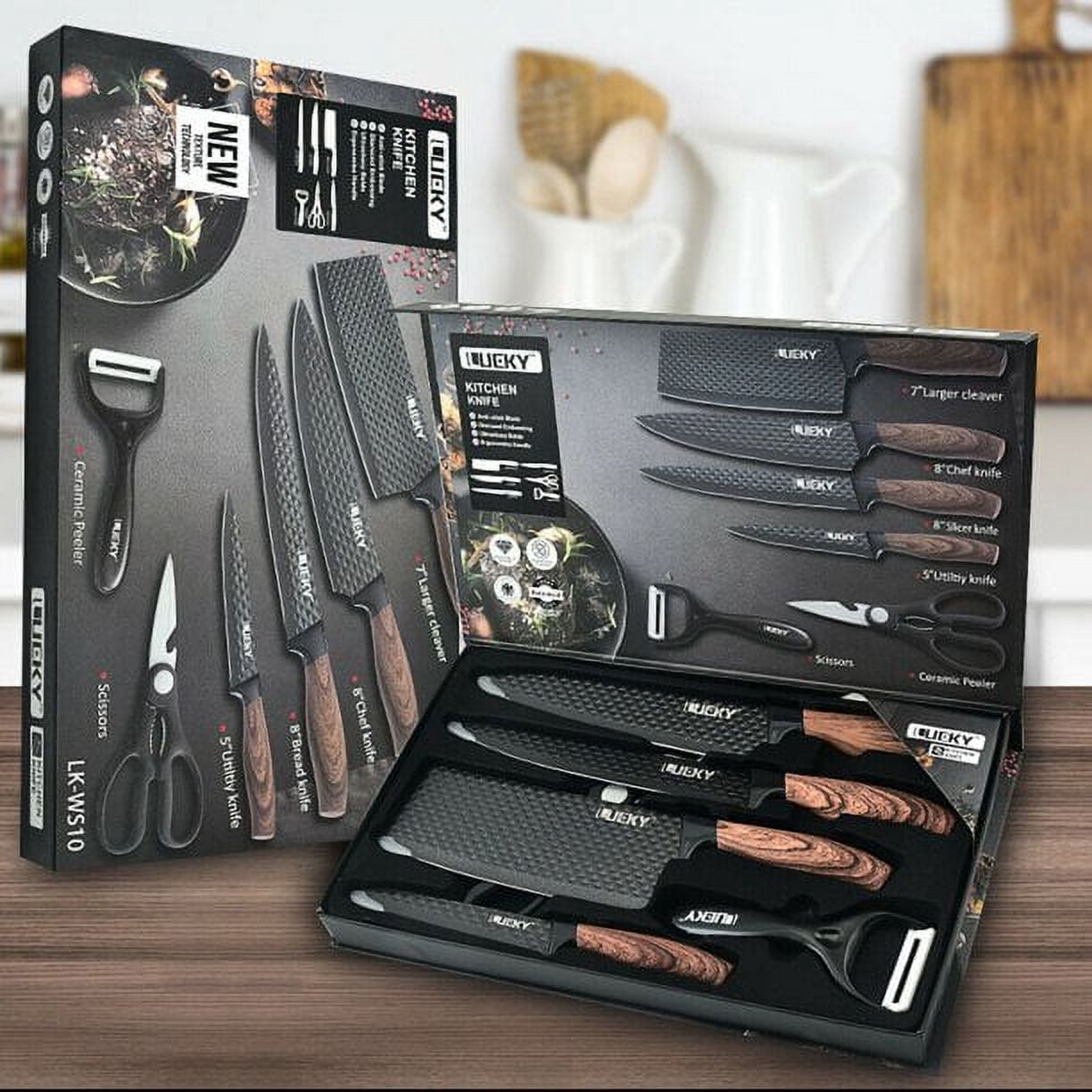 Knife Set, DFITO 6 Piece Kitchen Knife Set, Auto Sharpening Chef Knife Set, High Carbon Stainless Steel Hammer Series Knife Set, Boxed Knife Set, ZJ60