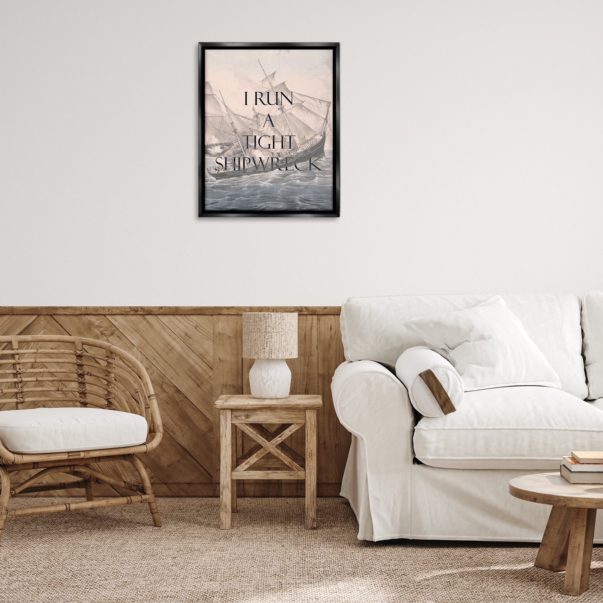 Stupell Industries Run A Tight Shipwreck Nautical & Beach Painting Black Floater Framed Canvas Art Print Wall Art, 25 x 31