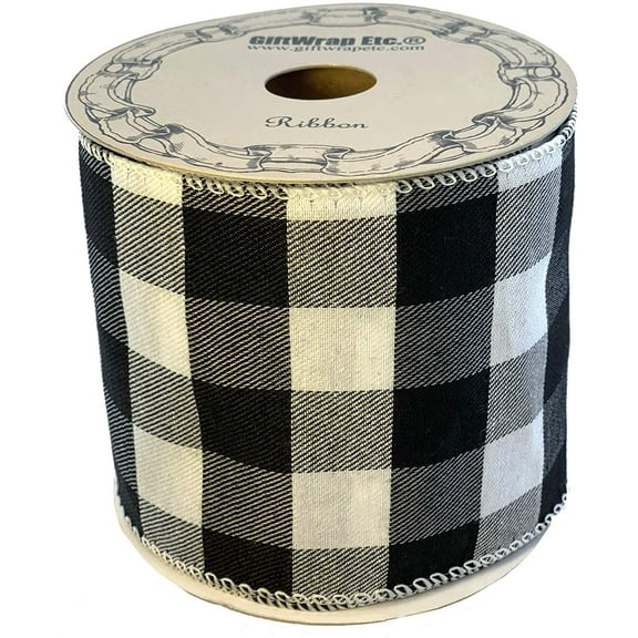 Black White Buffalo Plaid Ribbon - 4" x 10 Yards, Wired Edge, Wreath Decor, Christmas, Halloween