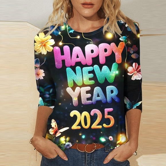 RKSTN women blouses Womens Fashion 2025 Printed Round Neck 3/4 Sleeve T-shirt Pullover Top Blouse early fall fashion
