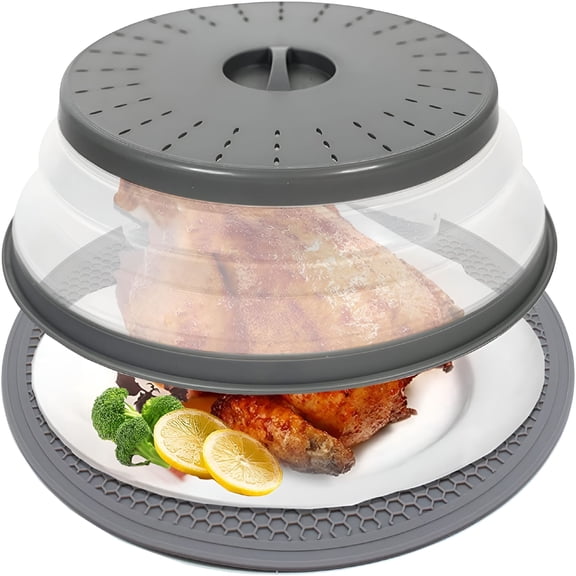 ACDANC Microwave Cover For Food and Microwave Mat,Vented Collapsible Microwave Splatter Cover And 12" Silicone Round Kitchen Mat,Multi-Purpose Non-Slip Trivet Drying Mat (Grey)
