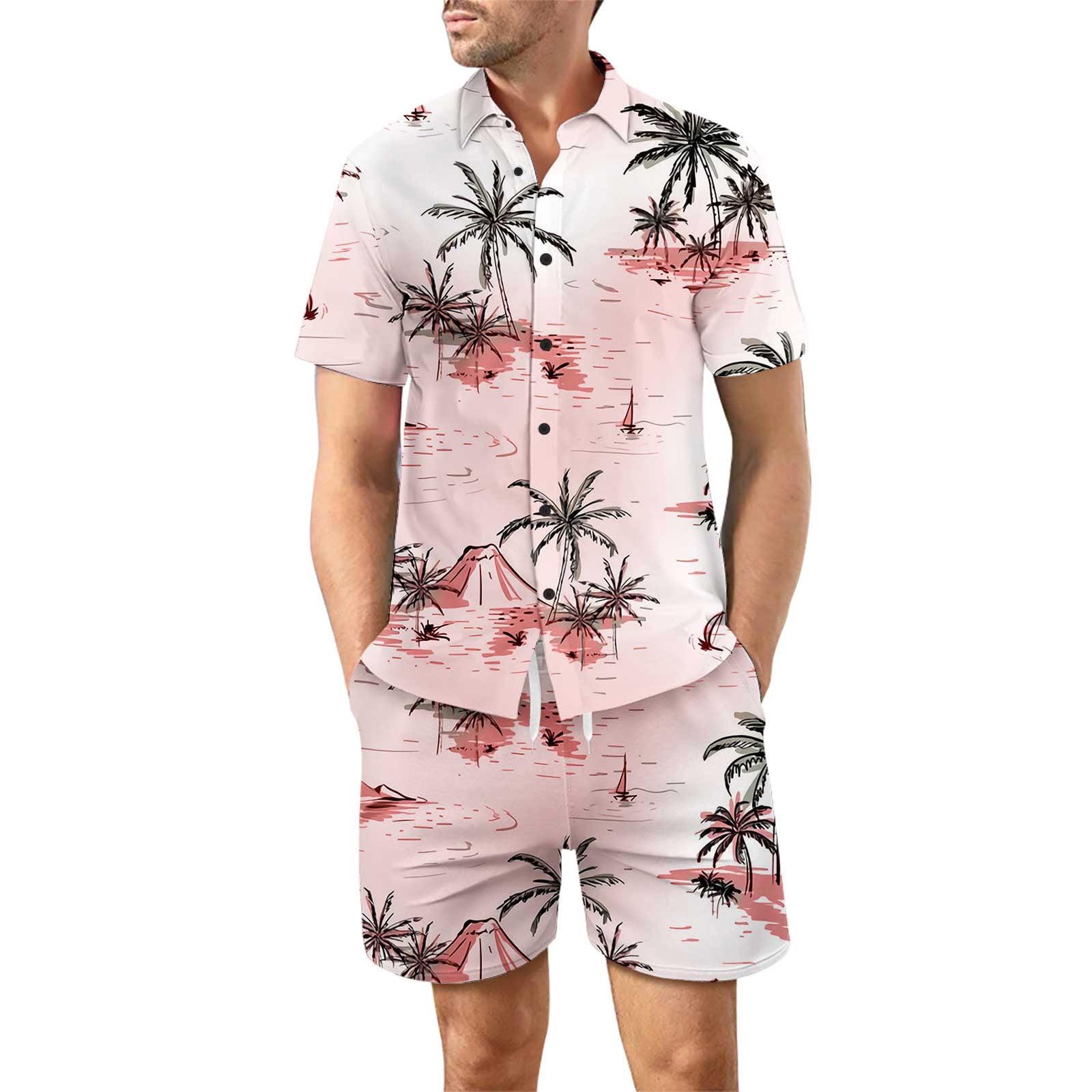JWZUY Men's Beach Shirts and Shorts Hawaiian Short Sleeve Matching Set