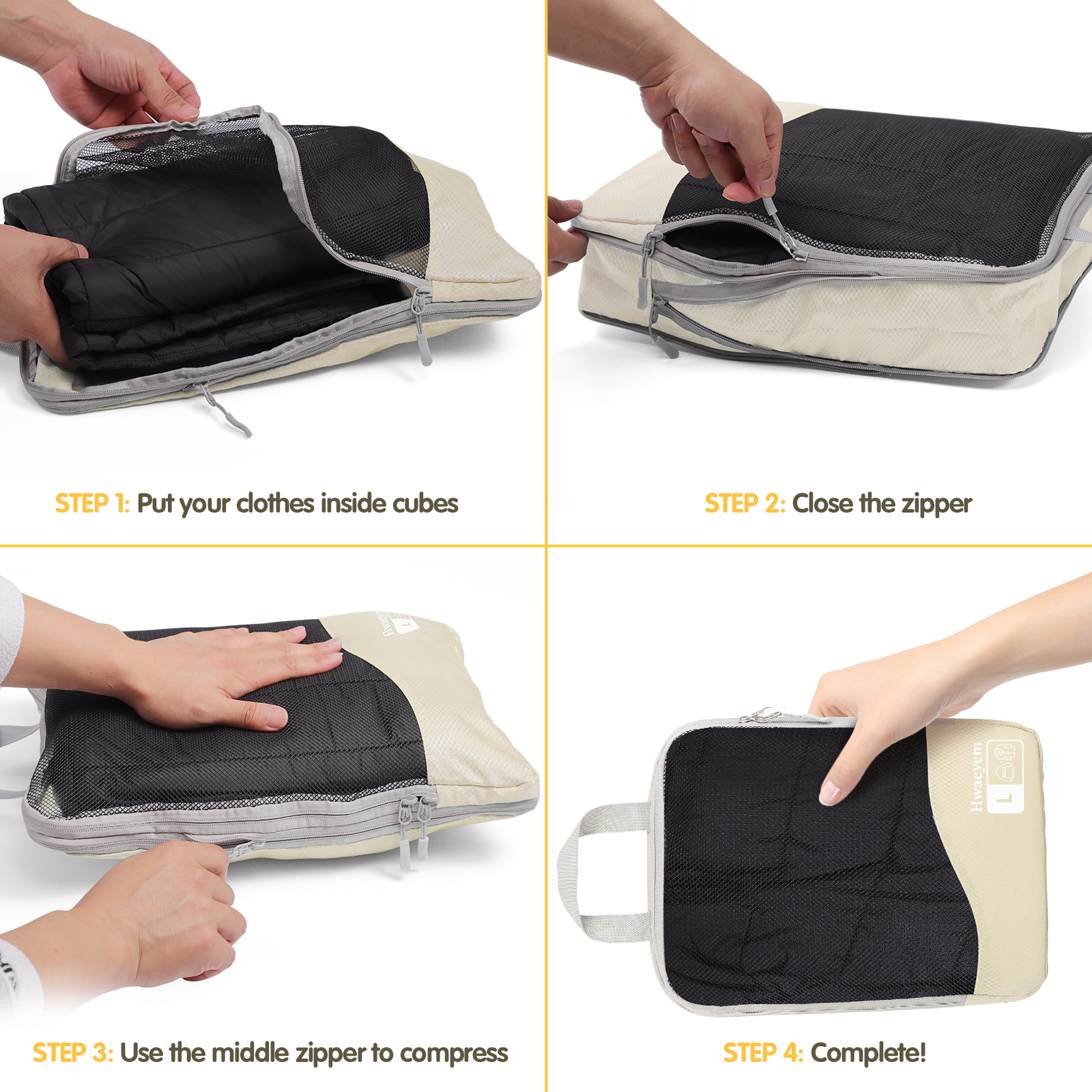 Compression Packing Cubes 8 Set, Dual Zipper Compression Packing Cubes for Travel, See-Through Mesh Packing Bags for Suitcases, packing cubes with shoe bag (Beige)