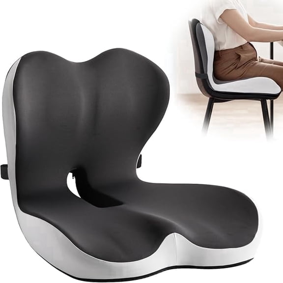Ergonomic Seat Cushion, 2-in-1 L-Shaped Lumbar Support Pillow, Non-Slip Breathable Memory Foam Pad for Car & Office & Home Chair, Black