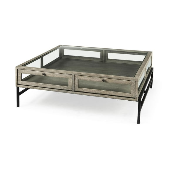 Mercana Arelius 42" Square Glass Top Display Coffee Table in Gray And Black