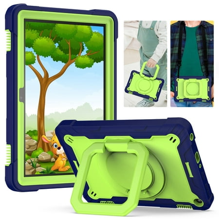 Dteck Case for All-New Kindle Fire HD 8 Tablet(10th Generation 2020 Release) & Fire HD 8 Plus, 3 in 1 Hybrid Rugged Shockproof Handle Kickstand Case with Shoulder Strap, Navy+Green