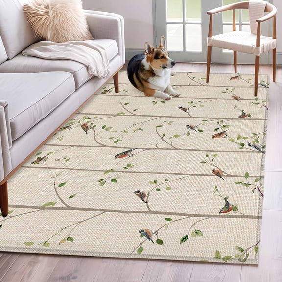 Sparrow Area Rug 4x6 Washable Rug Non Slip Spring Birds on The Branches Retro Country Beige Large Area Rug Indoor Floor Carpet for Entryway Bedroom Kitchen Living Room Home Office Dining Room Nursery