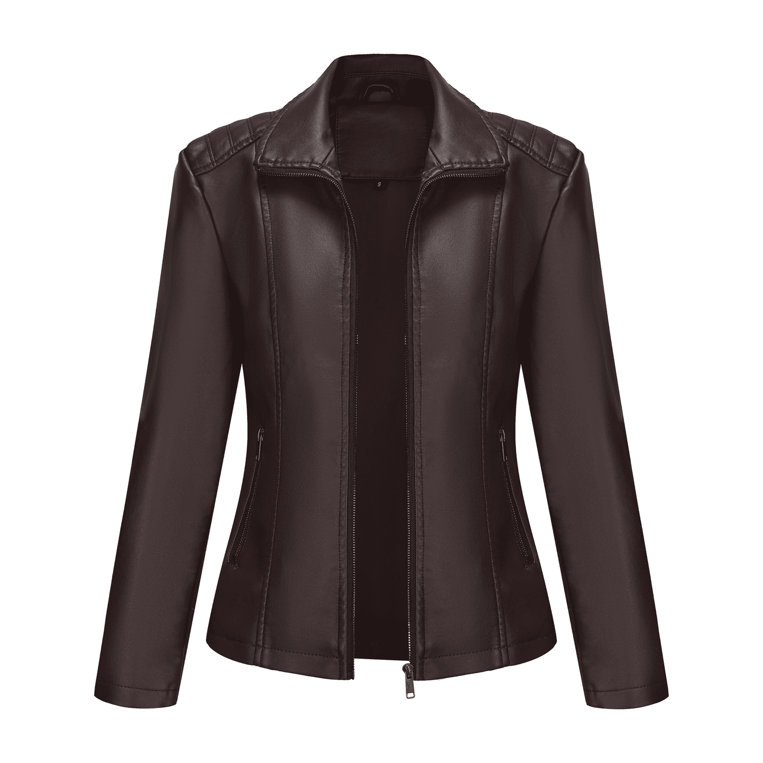 Panan Women's Faux Leather Jacket with Collar Long - Sleeve, Full - Zip Front & Side Zipper Pocket