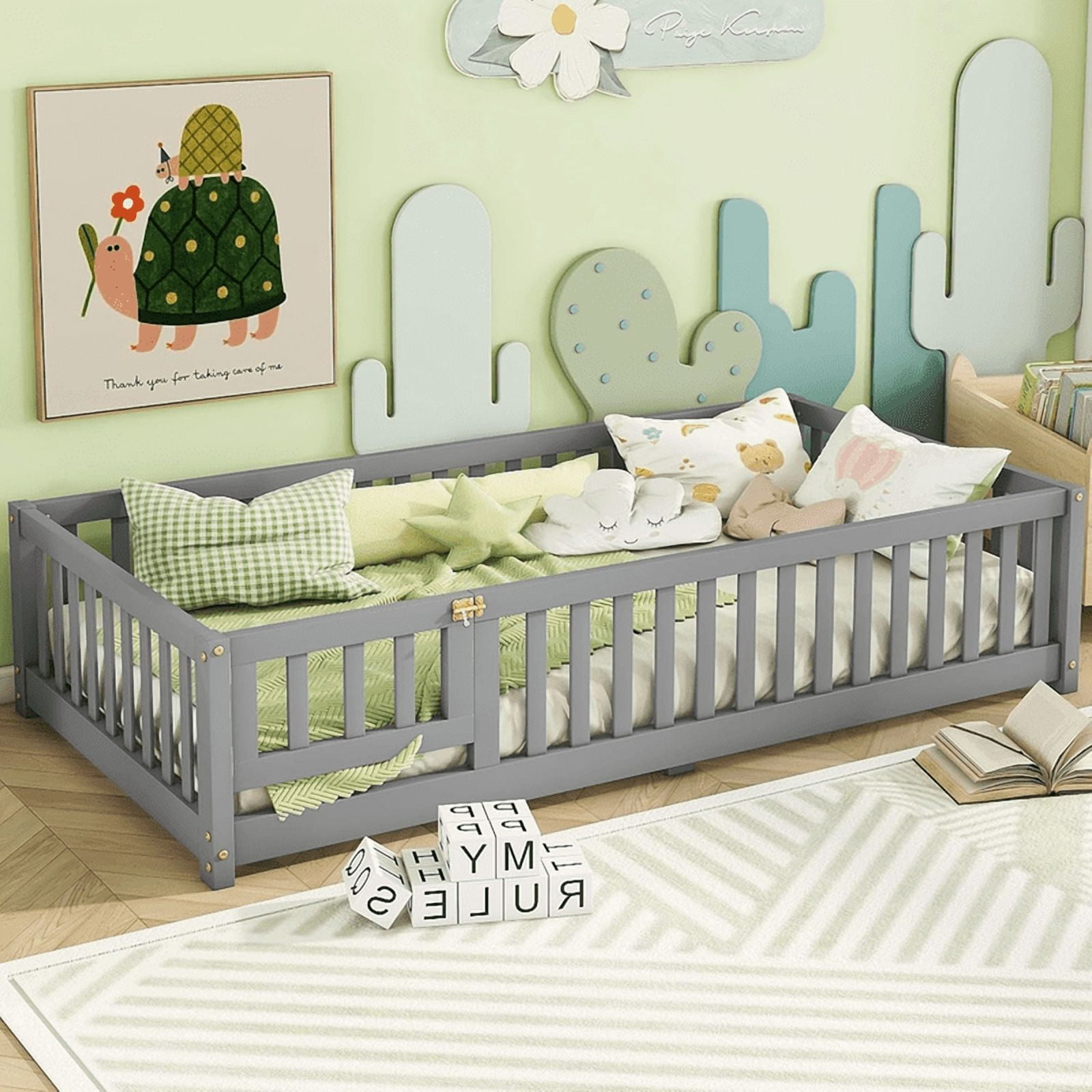 Montessori Bed with Rails, Twin Size Floor Bed with Door & Slats Support, Wood Playhouse Bed with Fence, No Box Spring Needed,Gray
