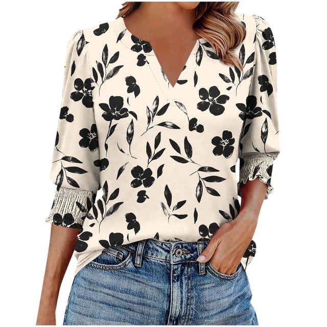 Blouse Décontractée Imprimée pour Femmes à Manches 3/4, Poignets Froncés, Col en V, Tissu en Polyester, Coupe Décontractée, Tenue de Printemps
