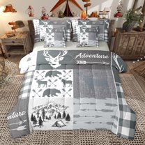 Homewish Safari Deer Bear 7-Piece Twin Bedding Sets,Rustic Farmhouse Cabin Bedding Comforter Set,Gray Plaid Grid Sheet Sets For Adults,Ultra Soft Home Decor Reversible