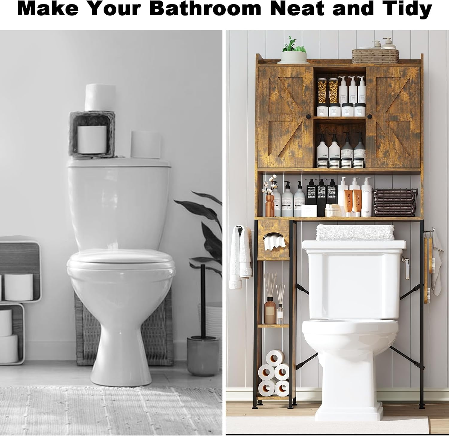 POAO Over the Toilet Storage Cabinet with Metal Frame &7 Storage Shelves,Bathroom Storage Organizer with Adjustable Shelves&Paper Holder,Brown
