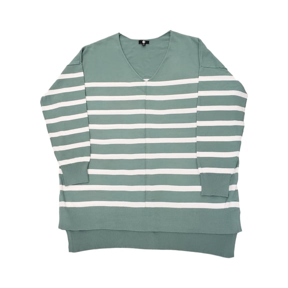 Womens Plus Size Green Ivory Stripe V Neck Long Sleeve Soft Sweater Top 1X