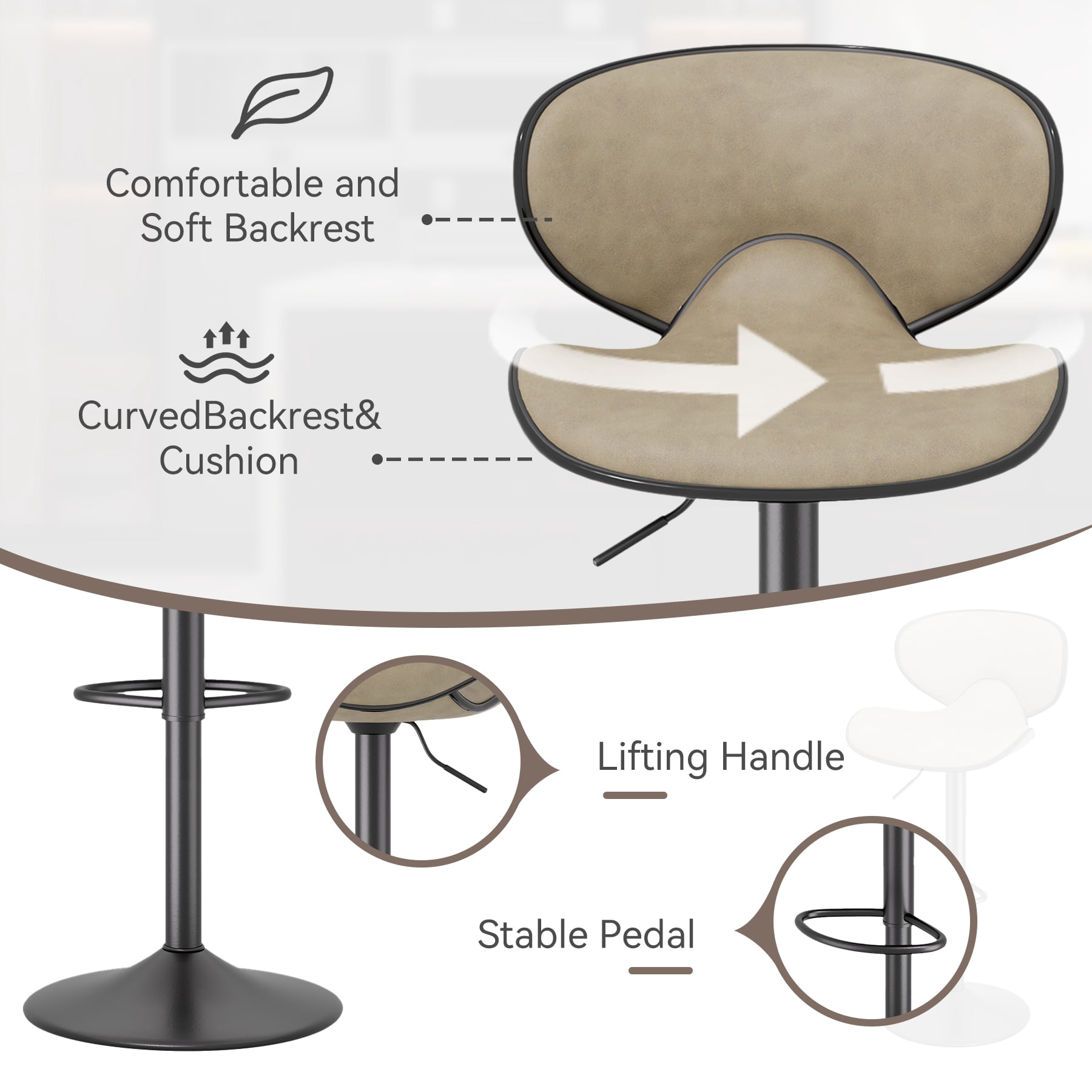 Hawsaiy Adjustable Swivel Bar Stools Set of 2 with Back and Footrest, Faux Leather Counter Height Kitchen Stools, Modern Bar Chairs for Island and Home Bar, Khaki