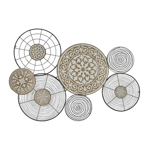 DecMode Black Metal Floral Wire Plate Wall Decor with Brown and White Scrolls