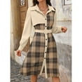 thumbnail image 5 of Kinrui Women's Corduroy Midi Dress Long Sleeve Button Down Belted Flowy Shirt Dress Plaid Color Block Long Overall Dresses Beige,L, 5 of 8