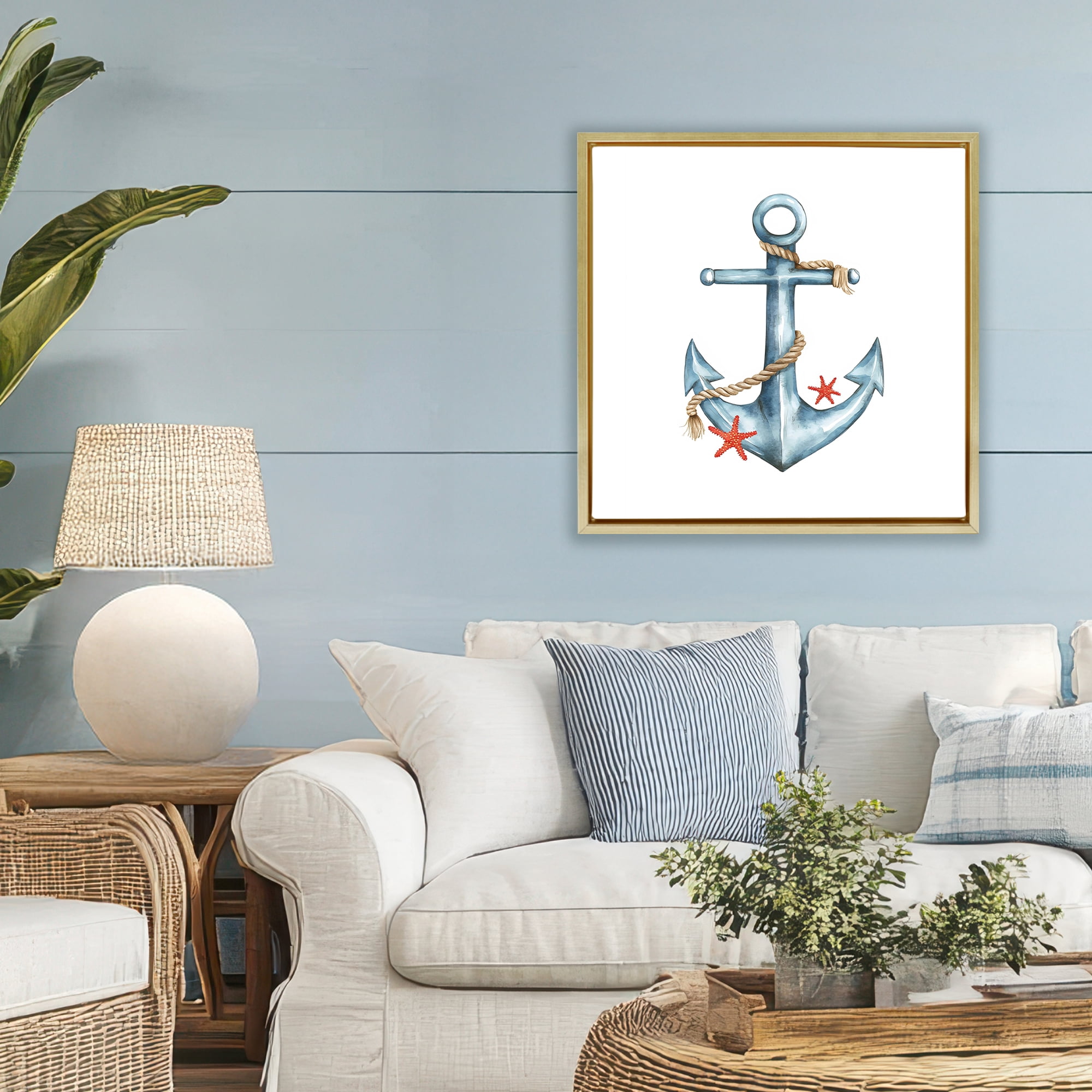 Stupell Industries Cute Sailor Anchor with Starfish Gold Framed Floater Canvas Wall Art, design by LSR Design Studio