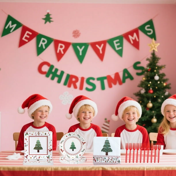 Juego de vajilla con temática de árbol de Navidad, platos desechables, tenedores, toallas de papel y artículos para fiestas.